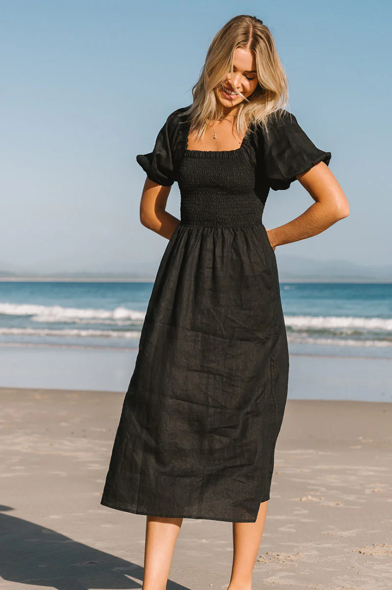 VOYAGE Midi Dress - black linen - Image 3