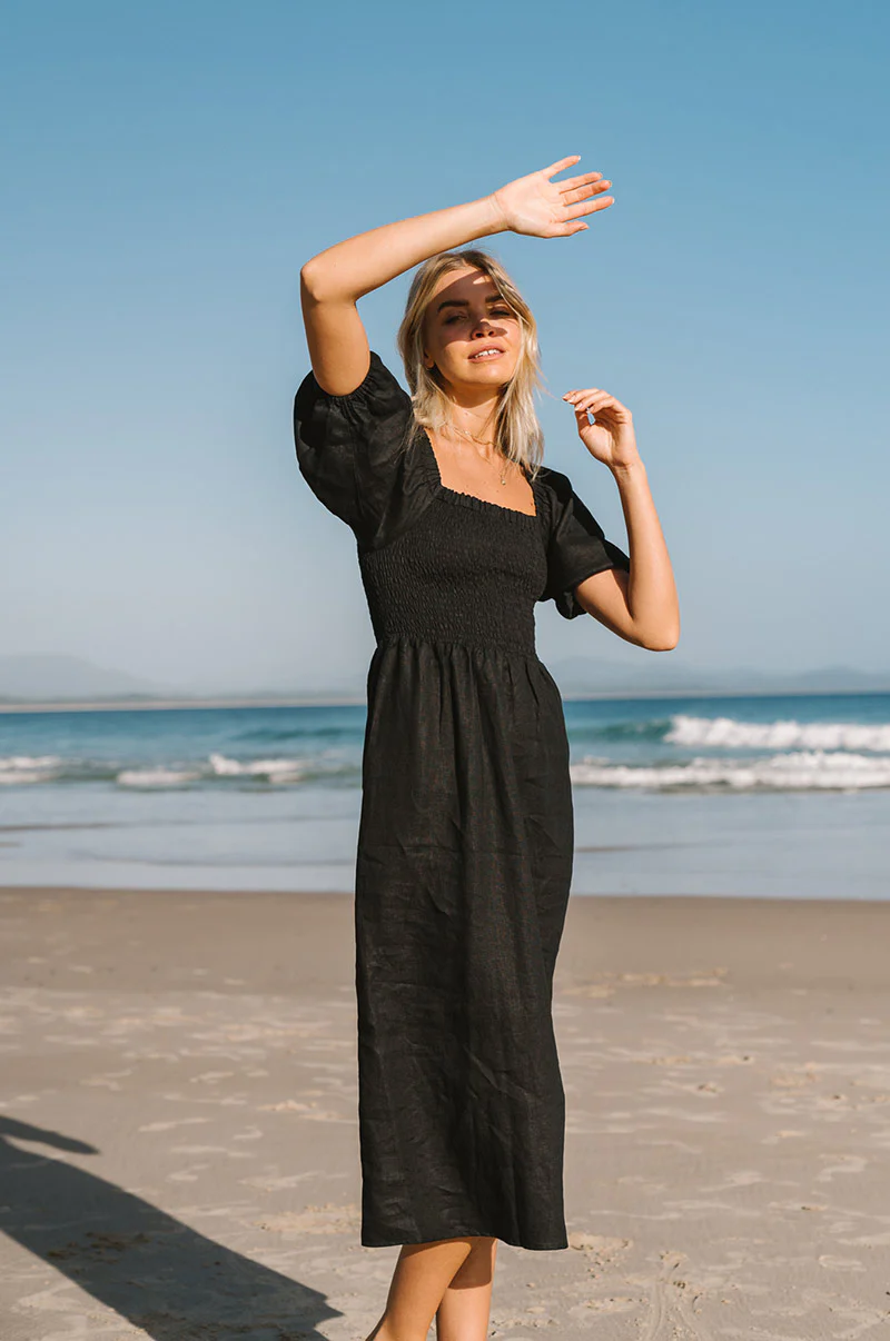 VOYAGE Midi Dress - black linen - Image 6
