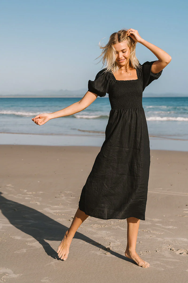 VOYAGE Midi Dress - black linen - Image 7